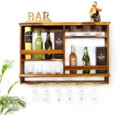 Timberly Sheesham Wood Wall Mounted Wine Rack, Bar Cabinet with Glass Storage 37x24 Inch Solid Wood Bar Cabinet