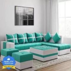 Top 10wood L Shape RHS Set With Centre Table And Puffy Fabric 3 + 2 + 1 + 1 Sofa Set, Green Fabric 3 + 2 + 1 + 1 Sofa Set