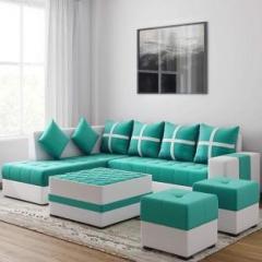 Torque Jamestown L Shape LHS Set with Center table and Puffy Fabric 3 + 2 + 1 + 1 Aqua Blue Sofa Set
