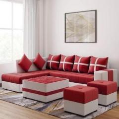 Torque Jamestown L Shape LHS Set with Center Table and Puffy Fabric 3 + 2 + 1 + 1 Red Sofa Set