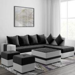 Torque Steffan L Shape 8 Seater Fabric Sofa Set with Centre Table and 2 Puffy Fabric 3 + 2 + 1 + 1 Black Sofa Set