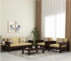 Varsha Furniture Solid Wood 5 Seater Wooden Sofa Set For Living Room With Side Pockets Storage Fabric 3 + 1 + 1 Sofa Set