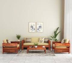 Varsha Furniture Solid Wood Sheesham Wood 5 Seater Sofa Set For Living Room | With Side Pockets Fabric 3 + 1 + 1 Sofa Set