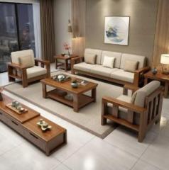 Whitebeard Sheesham Wood 5 Seater Sofa Set for Living Room & Guests Room Fabric 3 + 1 + 1 Sofa Set