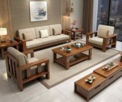 Whitebeard Solid Sheesham Wood 5 Seater Sofa Set with Cream Cushions Fabric 3 + 1 + 1 Fabric 3 + 1 + 1 Sofa Set