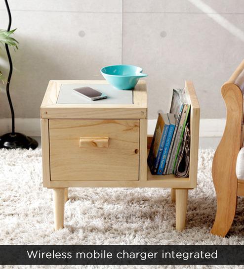 Woodsworth Nexo Wireless Charging End Table with Right Book Shelf in Natural Finish