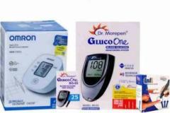 Omron Blood Pressure Monitor Dr Morepen Glucometer and infi lancets100, 25 Strips Bp Monitor