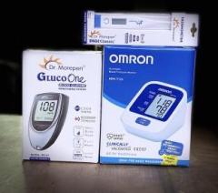Omron HEM 7124 Blood Pressure Monitor and Glucometer, MT 110 Thermometer combo pack Bp Monitor