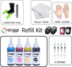 Quink REFILL INK Cartridge Ink Refill Suction Toolkit for HP, Canon Cartridge Printers Black + Tri Color Combo Pack Ink Bottle