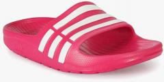 Adidas Magenta & White DURAMO SLIDE Striped Flip Flops girls