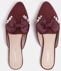 Dressberry Maroon Solid Mules with Embellished & Bow Detail women