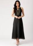Imara Black Solid Midi A Line Dress with Printed Detail women