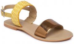 Imara Gold Toned & Yellow Woven Design Open Toe Flats women