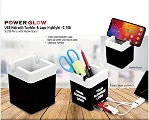 Stupefying POWERGLOW USB HUB with Tumbler and Logo Highlight 3 USB Ports with Mobile Stand
