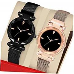 Acnos 4 Point Rose Gold and Black Color with Trending Magnetic Analogue Metal Strap Watches for Girl's and Women's Pack of 2 P 180 200