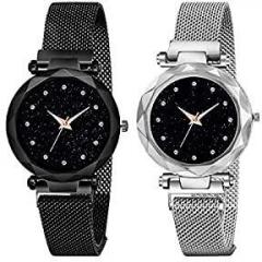 Acnos Black and Silver Color 12 Point with Trending Magnetic Analogue Metal Strap Watches for Girl's and Women's Pack of 2 DM 200 220