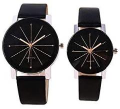 Acnos Black Dial Black Case Leather Analog Couple Watch Combo for Men and Women Pack of 2