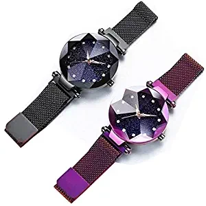 Black Round Diamond Dial with Latest Generation Black & Purple Magnet Belt Analogue Watch for Women Pack of 2 DM BLACK PURPLE02