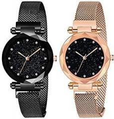 Acnos Black Round Diamond Dial with Latest Generation Purple & Rosegold Magnet Belt Analogue Watch for Women Pack of 2 DM PURPLE ROSEGOLD05