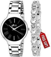 Acnos Brand A Branded Watch 4 Dial Black Blue Pink White Stainless Steel Silver Band Wathces with Heart Diamond Silver braclet and Watch for Women Watch for Girls