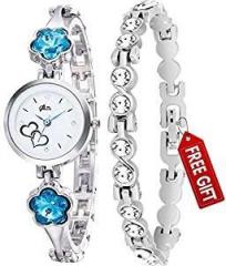 Acnos Flower Stone Blue Diamond Silver Bengle with Silver Bracelet ! for Girls and Women Pack of 2