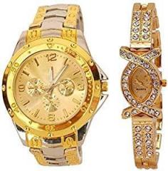 Acnos Gold Dial Couple Analogue Watches Combo for Beautiful Couple Pack of 2 R Silver Gold in Gold Dial + Aks