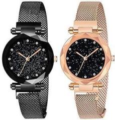 Acnos Premium Black Round Diamond Dial with Latest Generation Purple & Rosegold Magnet Belt Analogue Watch for Women Pack of 2 DM PURPLE ROSEGOLD05