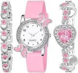 Acnos Premium White Dial Diamond Pink Analog Watch Love Heart Diamond Bracelet for Girls Best Design Butterfly Combo 3 Pack of 3