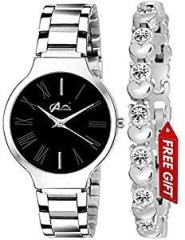 Acnos Women s 4 Dial Black Blue Pink White Stainless Steel Silver Band Analogue Watch with Heart Diamond Silver Bracelet
