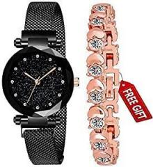 Acnos Women's Branded Black Magnet Analogue Watch With Fre Gift Rosegold Bracelet And Gift Box And Watch, Multicolour