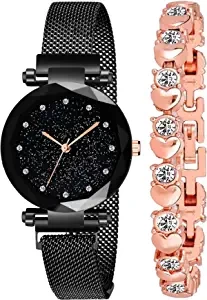 Acnos Branded Black Magnet Watch with Fre Gift Rosegold Braclet and Gift Box for Women or Girls and Watch for Girl or Women