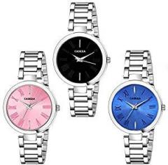 Analog Multi Color Dial Analog Stainless Steel Strap Pack of 3 Combo Watch for Girls and Women