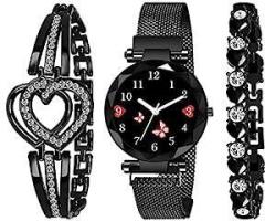 Analogue Black Dial Magnet Watch With Gift Bracelet For Women Or Girls Combo Of 3
