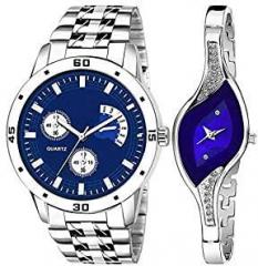 Analogue Men Women Watch for Couple Blue Dial Silver Colored Strap Pack of 2