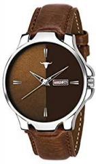 Analogue Men's & Boy's Day and Date Watch Brown Dial Brown Colored Strap, BRW385