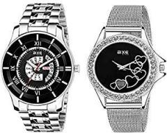 Axe Style Analogue Unisex Watch Black Dial Silver Colored Strap Pack of 2