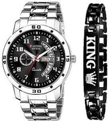 Black DIAL and Silver Strap Day & Date Functioning Watch Combo of King Printed Bracelet Analog Watch for Men
