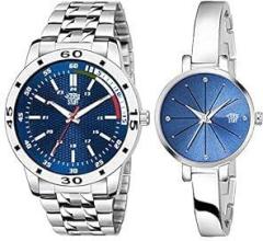 Blue Color Dial Stainless Steel Strap Round Shap Analog Couple Watch for Men and Women Combo of 2
