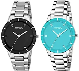 Analogue Girls' Watch Black & Blue Dial Silver Colored Strap Pack of 2