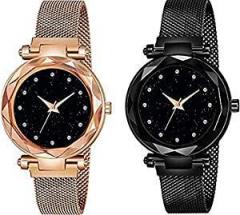 casera Black Round Diamond Dial with Latest Generation Black & Rose Gold Magnet Belt Analogue Watch for Women Pack of 2