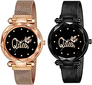 casera Queen Round Dial with Latest Stylish Black & Rose Gold Magnet Belt Analogue Watch for Women