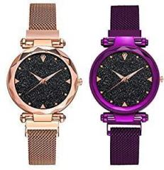 Casual Designer Black Dial Combo of Magnet Watch Pair of 2 for Girls & Women Purple & Copper