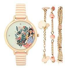 Chumbak Live Slow Watch & Bracelet Set Peach & Rose Gold Jewelry Watch, Wrist Watch for Women, Dress Watch, Fashion Accessory with Bracelet Set, Slim Strap