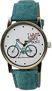 CLOUDWOOD Analogue Round Dial'I Want to Ride Bicycle Denim Green Strap Unisex Wrist Watch LRM 229