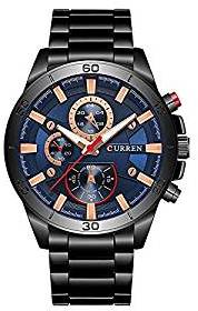 Curren Blue Dial Black Stainless Steel Strap Analog Wrist Watch for Men + Free Assured Gift