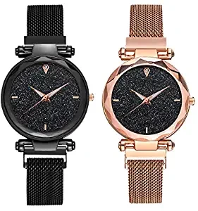 Analogue Girls' Watch Black Dial Black & Rose Gold Colored Strap