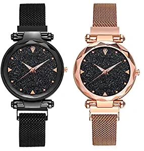 DAMIT Casual Designer Black Dial Combo of Magnet Watch Pair of 2 for Girls & Women