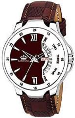 Day and Date Functioning Check Pattern Leather Strap Quartz Wrist Watch for Men with Brass Dial