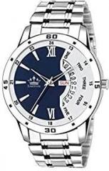 Day and Date Functioning Silver Color Metal Strap Blue Dial Quartz Wrist Watch for Men with Brass Dial and Metal Chain