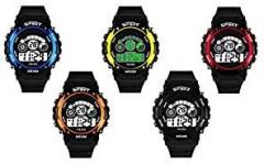 Digital Boy's & Girl's Watch Multicolored Dial Black Colored Strap Pack of 5
